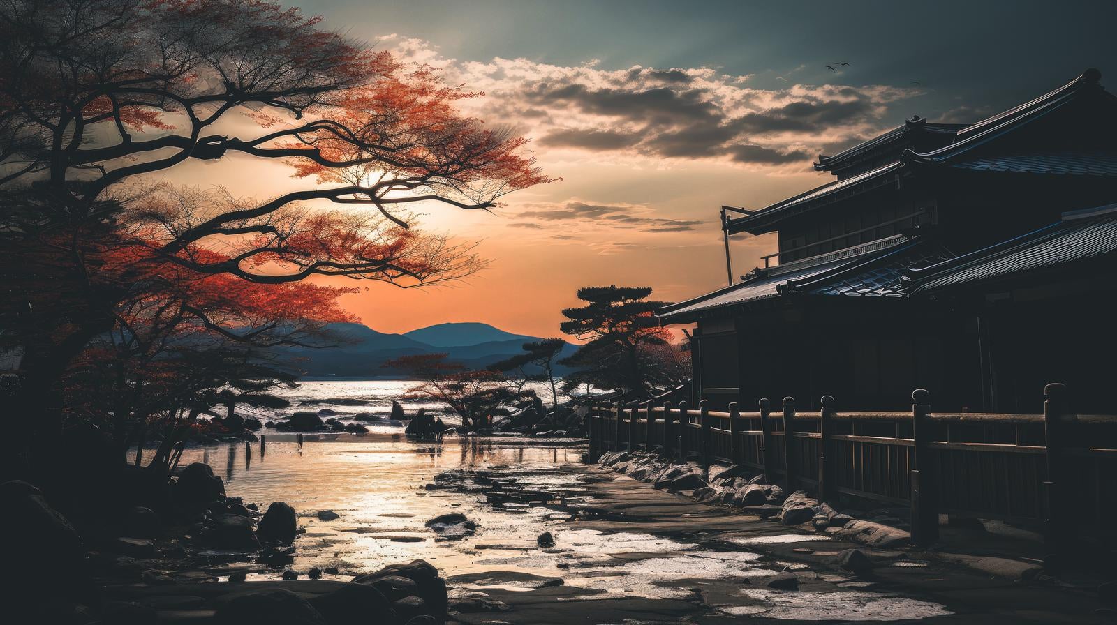 「和風の長屋と夜明け」の写真