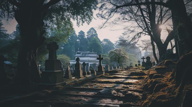 朝日が照らす墓地の写真