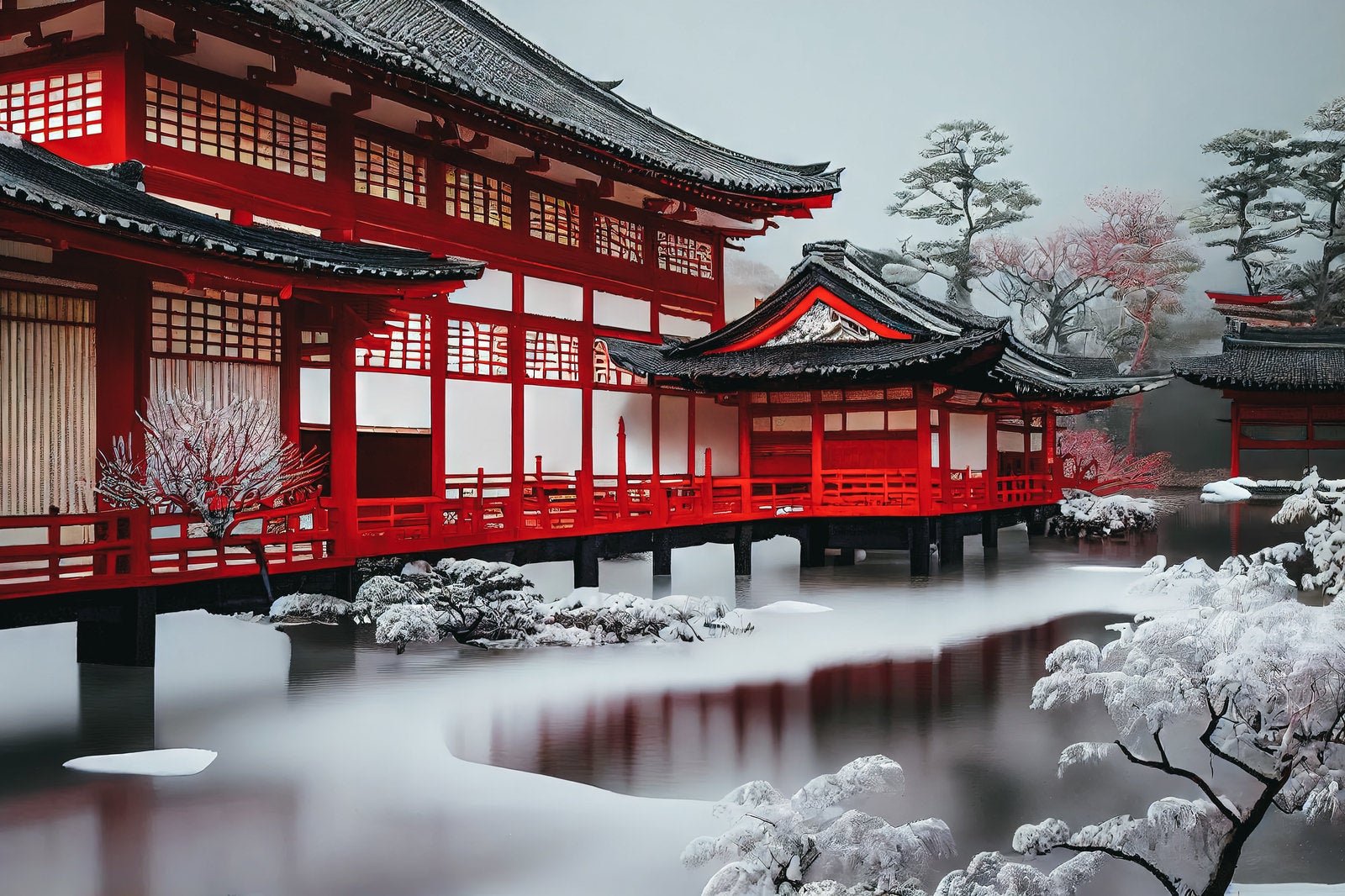 「池の上に建つ神社」の写真