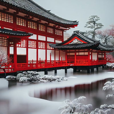 池の上に建つ神社の写真