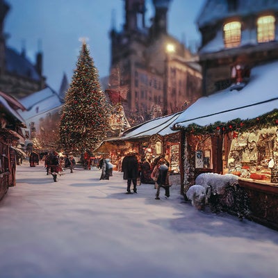 雪道脇のクリスマスツリーの写真