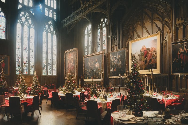 ステンドグラスの窓から差し込む光とクリスマス仕様の食堂の写真