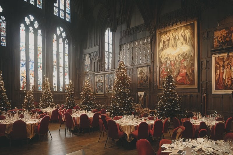 クリスマス仕様に彩る洋館の食堂の写真