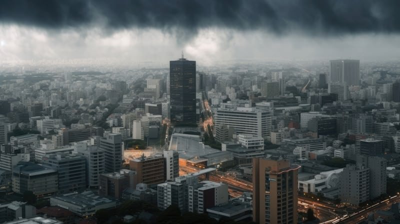 巨大な都市を見下ろすように蠢く雲の写真