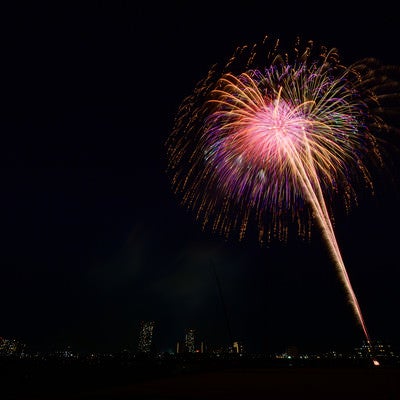 ヒュルルルル　と打ち上がる花火の写真