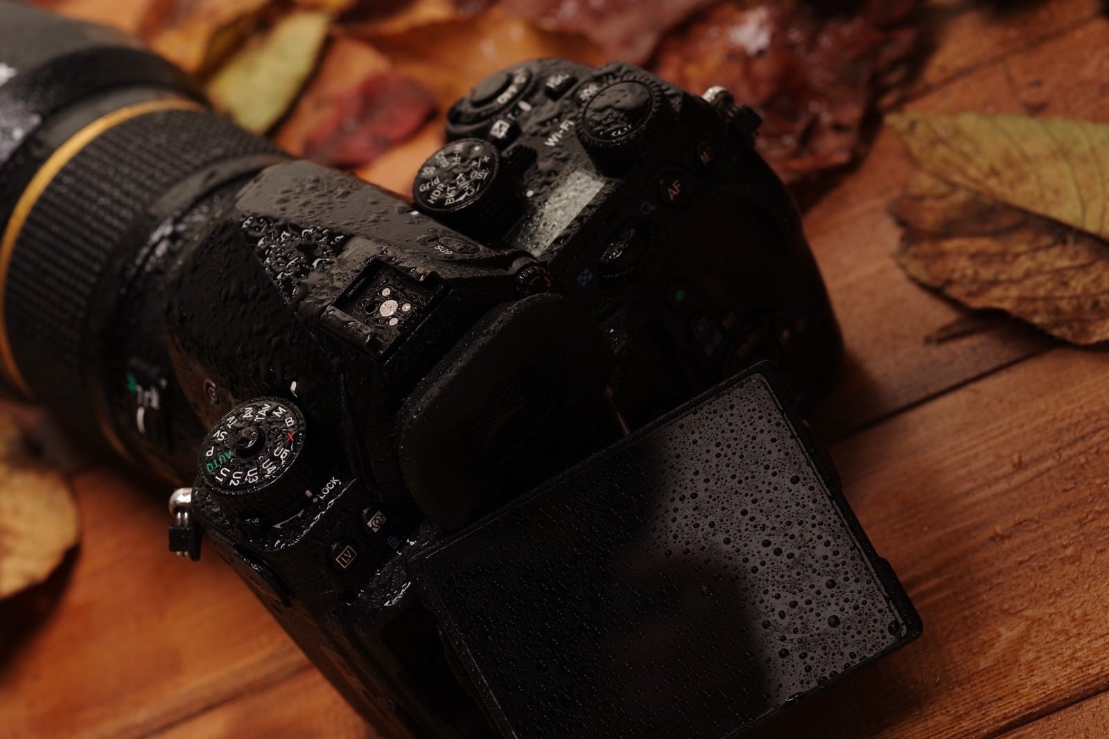 「雨に濡れた PENTAX K-1 MarkⅡのフレキシブルチルト液晶」の写真