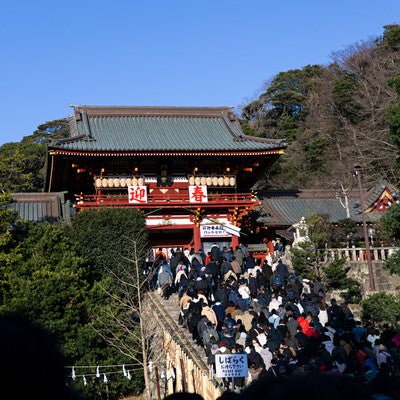 初詣の参拝客で混雑する鶴岡八幡宮の写真