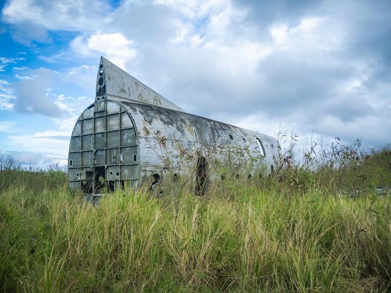 周囲を雑草に囲まれた米軍墜落機（C-124）の写真