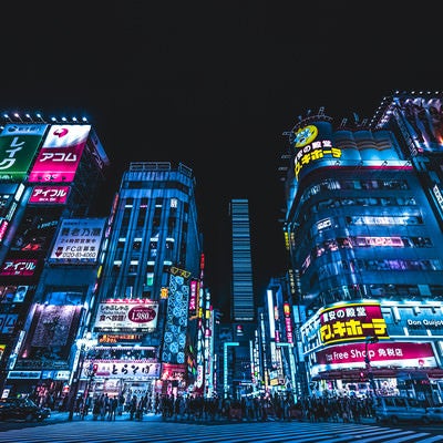 見上げた歓楽街の景色（東京都新宿区）の写真