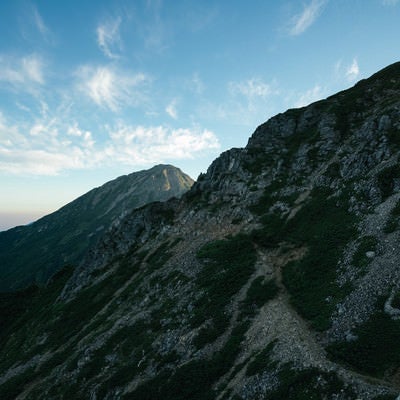 岩稜の傾斜面から続く登山道の写真