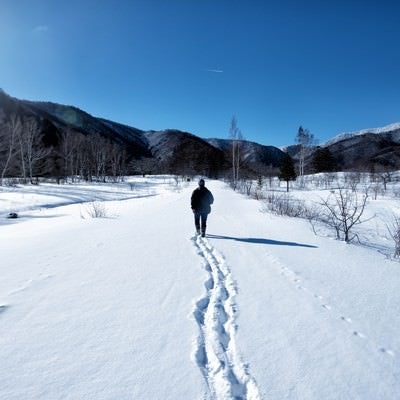 新雪の雪原を歩く人の写真