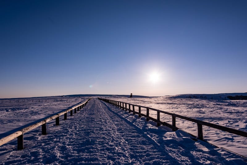 どこまでも続く雪原の道の写真