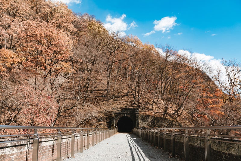 めがね橋上の鉄道トンネルに続く道の写真