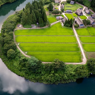 庄川峡と菅沼集落を空撮した様子の写真