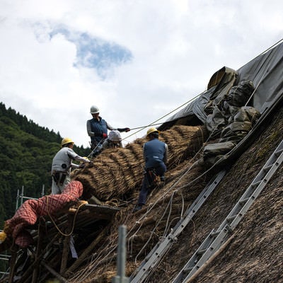 葺き替え工事中の作業員の写真