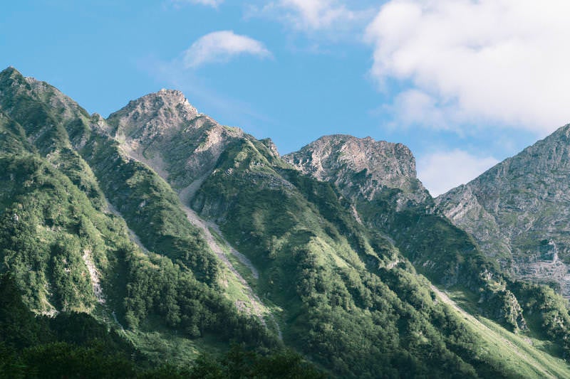 上高地から見上げる岩山の写真