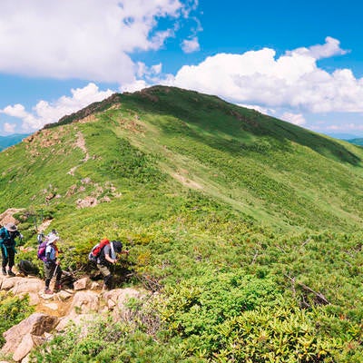 小至仏山へと向かう登山者と至仏山山頂の写真