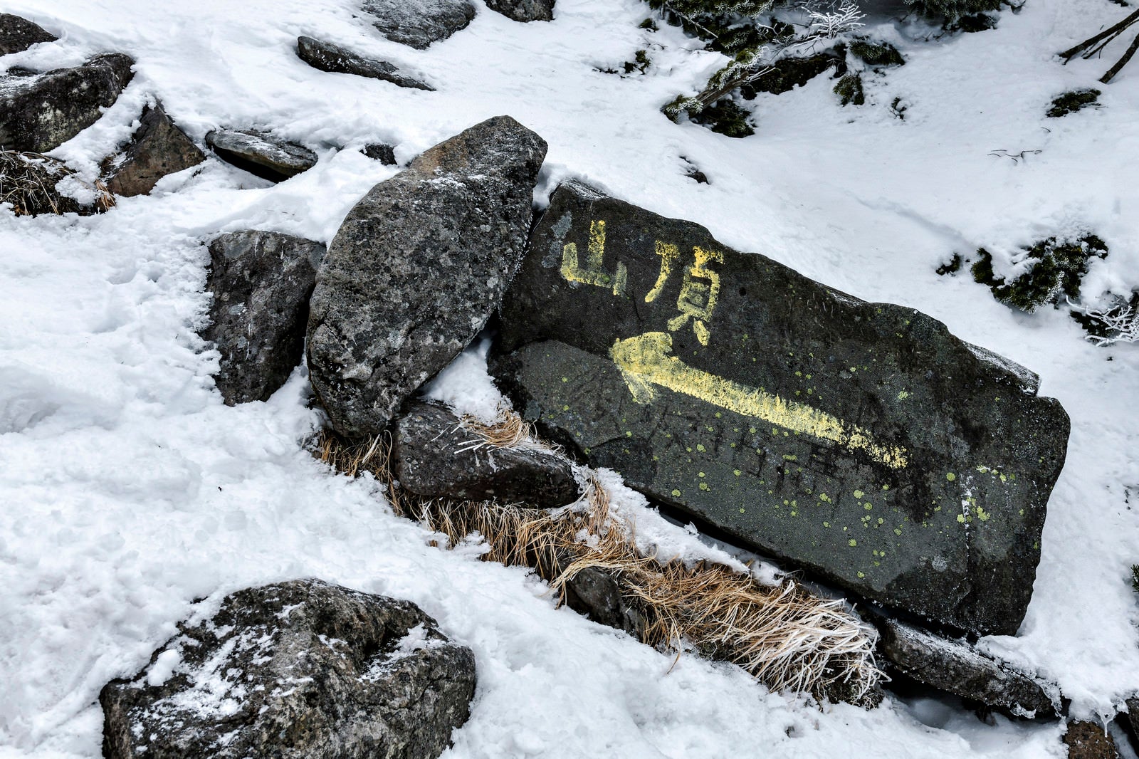 「蓼科山山頂へといざなう標識」の写真