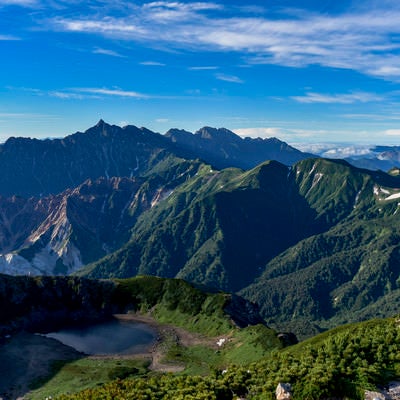 鷲羽池と槍ヶ岳、穂高方面の景色の写真