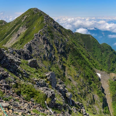 仙丈ヶ岳方面から大仙ヶ丈岳方面へ向かう稜線の写真