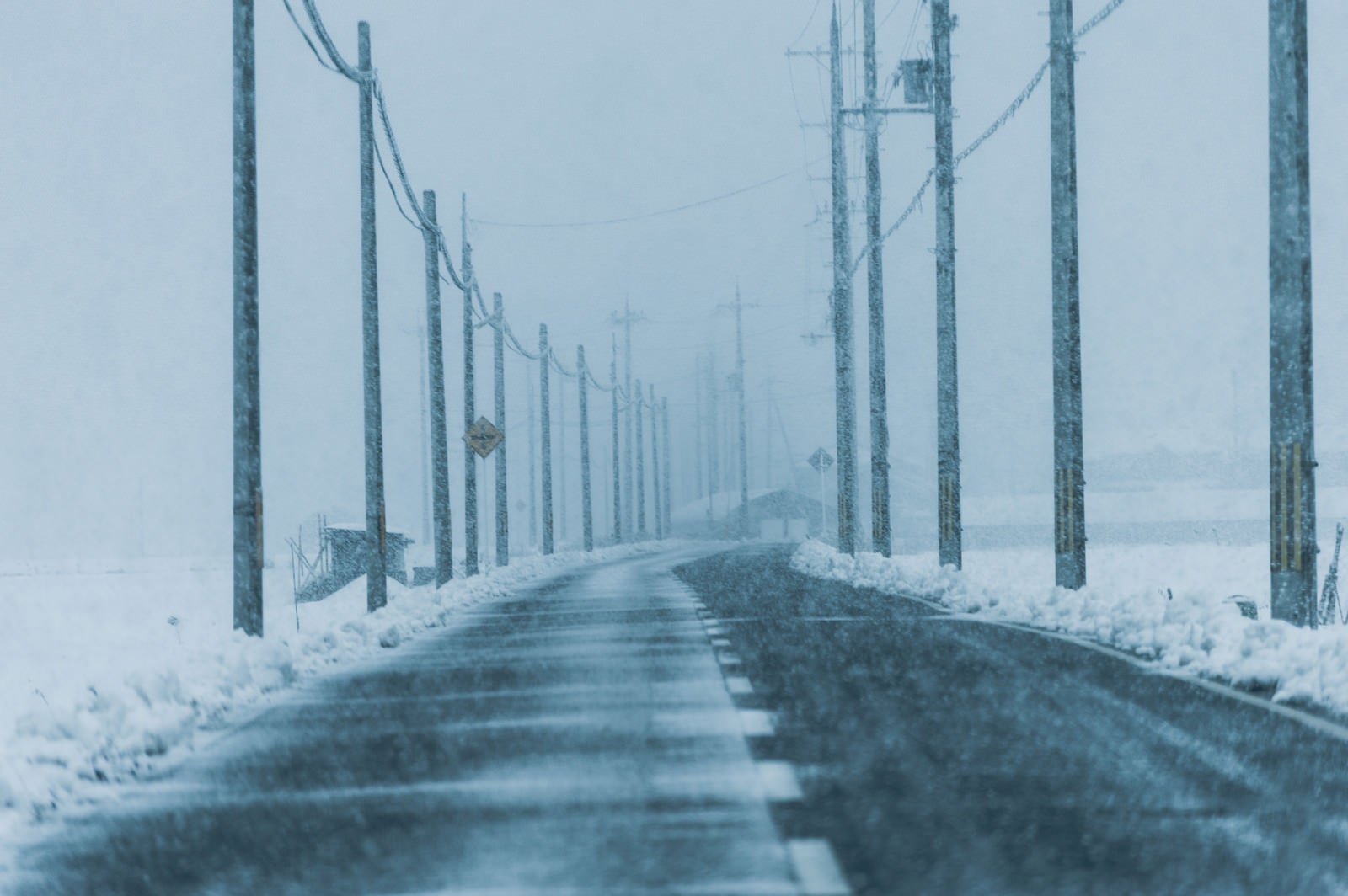 「雪国の降雪とどこまでも続く電柱」の写真