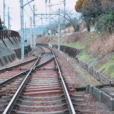 どこまでも続く線路の写真