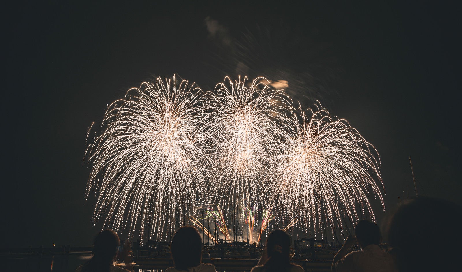 「夜空に上がる打合げ花火と鑑賞する人」の写真