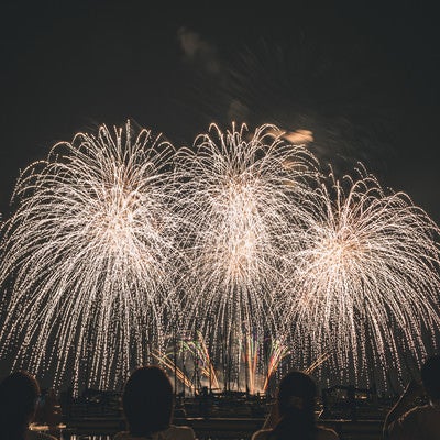 夜空に上がる打合げ花火と鑑賞する人の写真