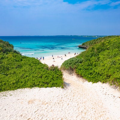 夏休みの海辺と砂山ビーチの写真