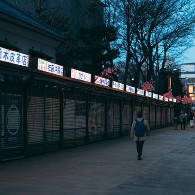 シャッターの降りた伝法院通りの写真