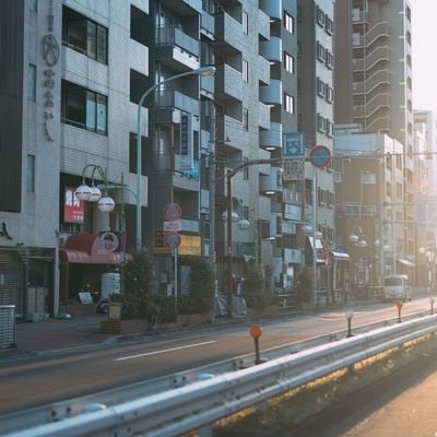 夕日の差す車道の写真