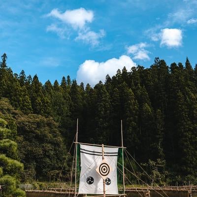 青空の下の稲架掛けと流鏑馬の的の写真