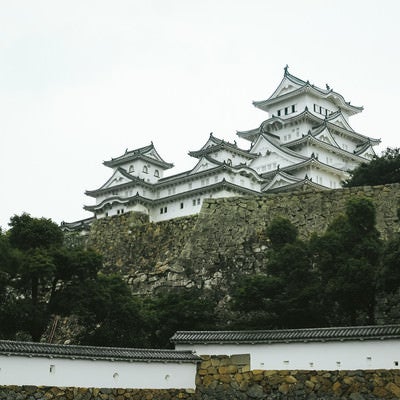 石垣の上にそびえる日本の城（姫路城）の写真