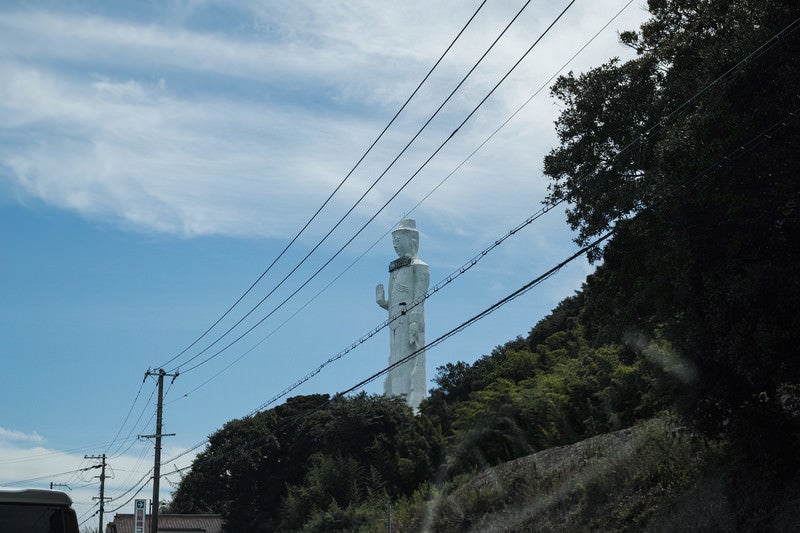 電線越しの世界平和大観音像の写真