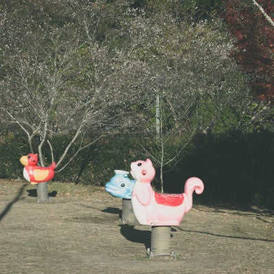 公園に設置された動物型のスプリング遊具の写真