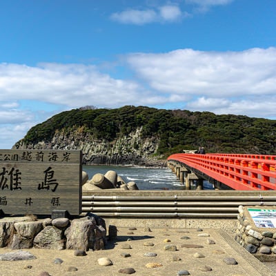 雄島を背景に建つ雄島の看板や説明図と雄島へと続く橋の写真