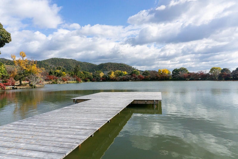 大覚寺お堂エリア側から大沢池の面に伸びる池舞台の写真