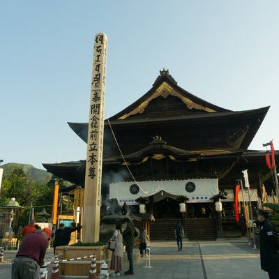 朝日が射しこみ始めた御開帳期間の善光寺本堂前の写真