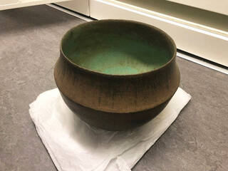 Large collared bowl, stoneware, hand-built, matt black-brown glaze exterior, matt blue-green glaze interior.