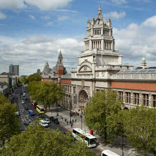 High up view of a big grand building on a busy London street