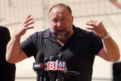 WATERBURY, CONNECTICUT - SEPTEMBER 21: InfoWars founder Alex Jones speaks to the media outside Waterbury Superior Court during his trial on September 21, 2022 in Waterbury, Connecticut. Jones is being sued by several victims' families for causing emotional and psychological harm after they lost their children in the Sandy Hook massacre. A Texas jury last month ordered Jones to pay $49.3 million to the parents of 6-year-old Jesse Lewis, one of 26 students and teachers killed in the shooting in Newtown, Connecticut. (Photo by Joe Buglewicz/Getty Images)