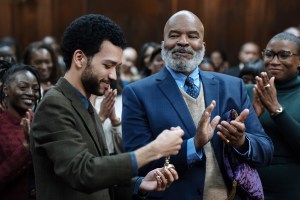 THE AMERICAN SOCIETY OF MAGICAL NEGROES, from left: Justice Smith, David Alan Grier, Aisha Hinds, 2024. ph: Tobin Yelland / © Focus Features / Courtesy Everett Collection