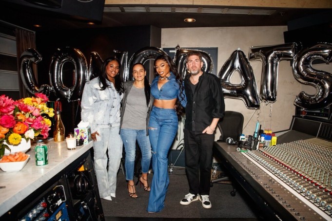 L-R: Rayna Bass (Co-President, 300 Entertainment), Desiree Perez (CEO, Roc Nation), Megan Thee Stallion, Max Lousada (CEO, Recorded Music, WMG)