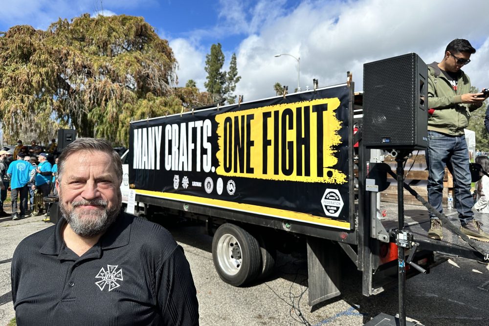 Matt Loeb, president of IATSE, appears at the Many Crafts, One Fight rally on March 3, 2024.