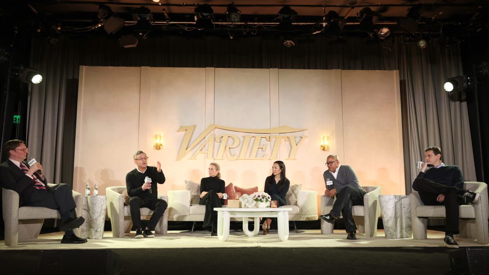 BEVERLY HILLS, CALIFORNIA - APRIL 24: (L-R) Brent Lang, Executive Editor, Variety, Josh Goldstine, President, Worldwide Marketing, Warner Bros. Pictures Group, Rebecca Kearey, Head of International & Business Operations, Searchlight Pictures, Marian Lee Dicus, CMO, Netflix, Dwight Caines, President, Domestic Marketing, Universal Pictures and Marc Weinstock, President, Worldwide Marketing & Distribution, Paramount Pictures speak onstage at the "President Keynote Roundtable" panel during the Variety Entertainment Marketing Summit Presented by Deloitte at The Beverly Hilton on April 24, 2024 in Beverly Hills, California.  (Photo by Randy Shropshire/Variety via Getty Images)