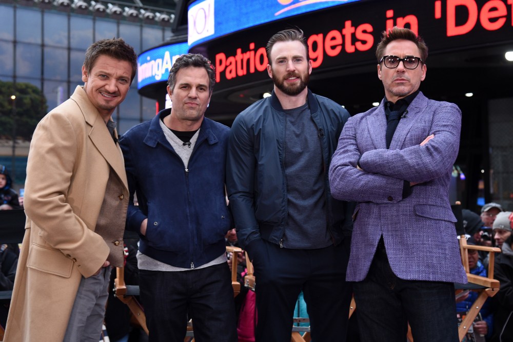 NEW YORK, NY - APRIL 24:  (R-L) Avengers Robert Downey Jr. (Iron Man), Chris Evans (Captain America), Mark Ruffalo (The Hulk) and Jeremy Renner (Hawk Eye) takeover Time Square on Good Morning America, April 24, 2015 in support of Marvel's Avengers: Age of Ultron, in theaters Friday, May 1.  (Photo by Bryan Bedder/Getty Images for Walt Disney Studios)