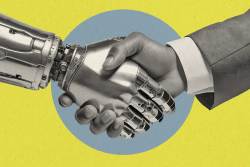 Photo illustration of a robot's hand shaking hands with a human hand