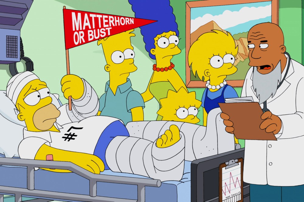 THE SIMPSONS, (from left): Homer Simpson, Bart Simpson, Marge Simpson, Maggie Simpson, Lisa Simpson, Dr. Hibbert, 'Days of Future Future', (Season 25, ep. 2518, aired April  13, 2014). TM and Copyright ©20th Century Fox Film Corp. All rights reserved./courtesy Everett Collection