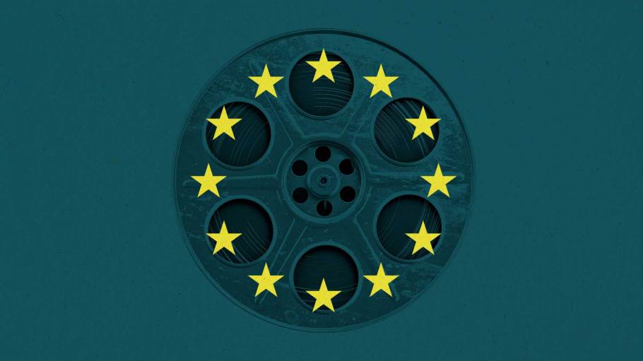 Illustration of the EU flag overlayed on a film reel