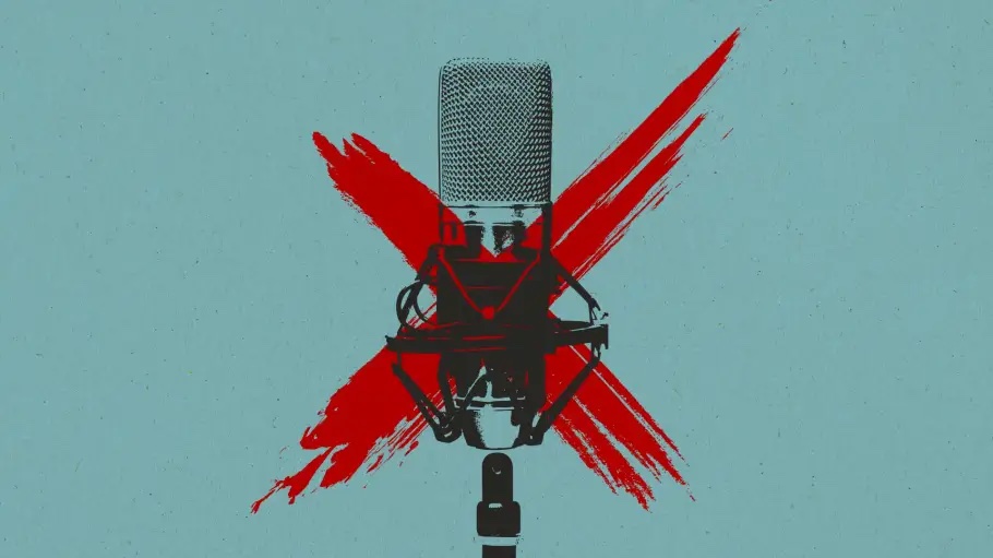 Illustration of a microphone with a big red X painted over it